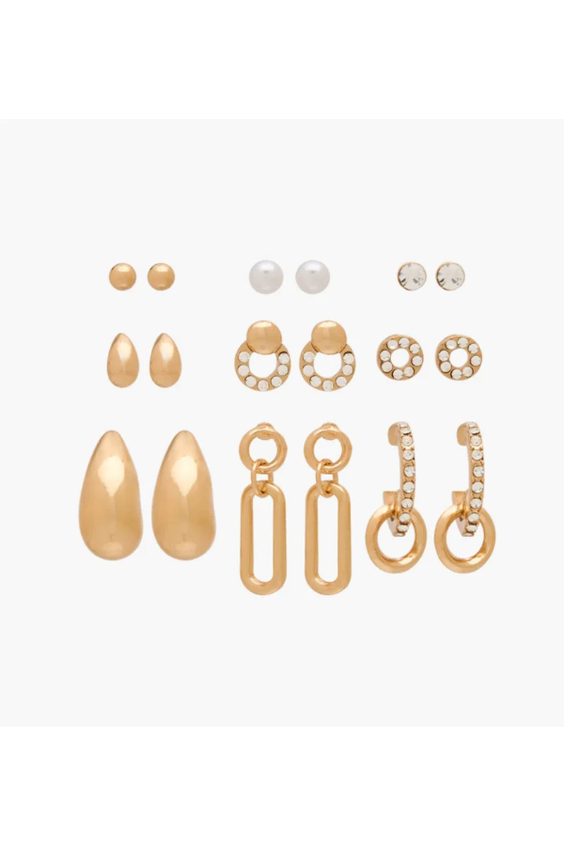 لايف ستايل Pack of 9 Metallic Assorted Earrings with Pushback Closure